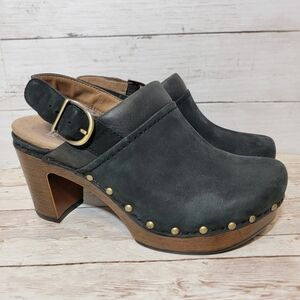 Dansko Black Leather Mules with Wooden Heel